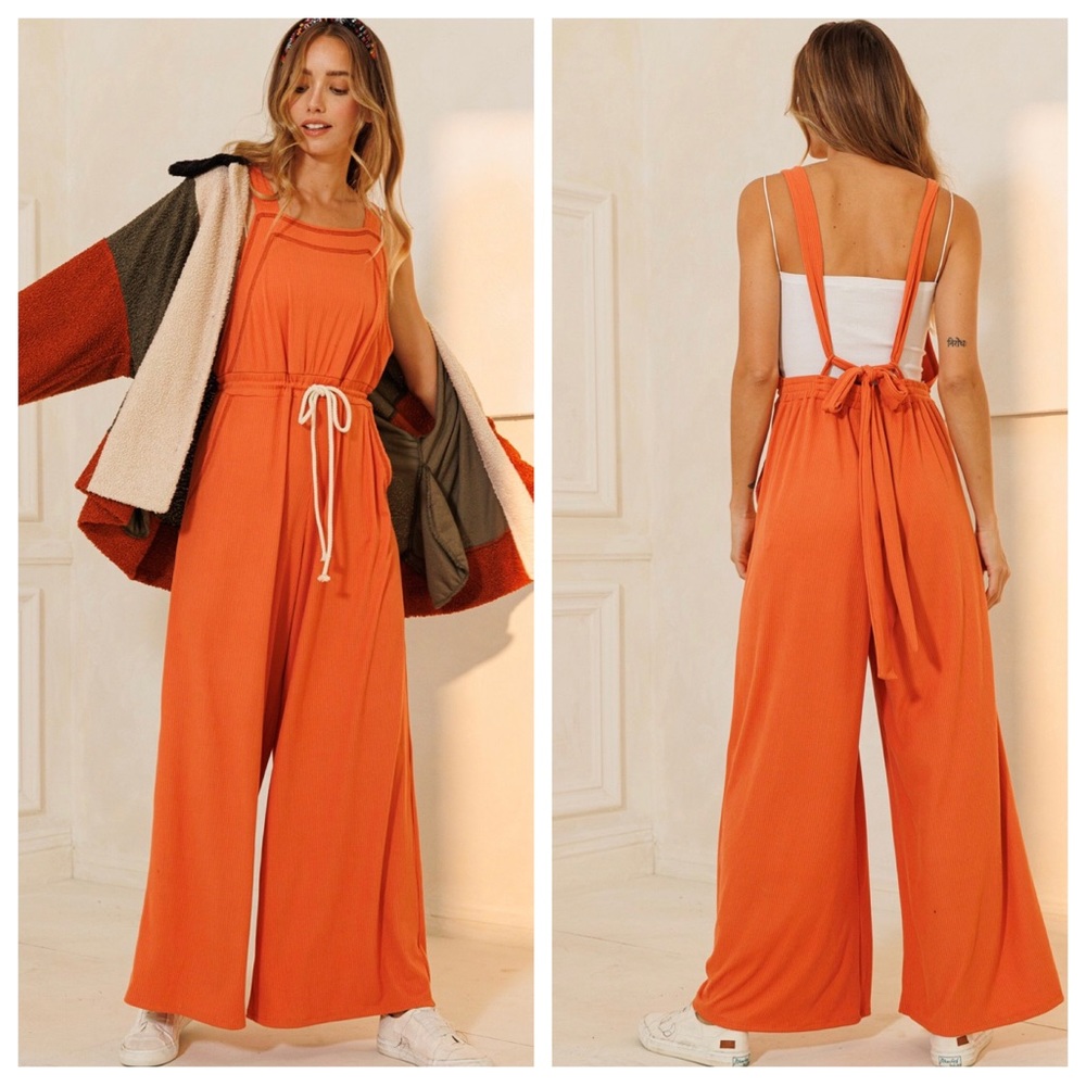 Boho Ribbed Knit Wide Leg Tie at Waist Jumpsuit